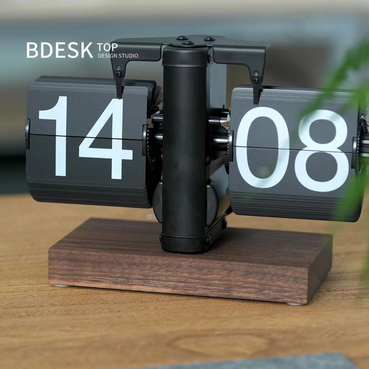 Bdesktop Creative Automatic Page Turning Clock,Mechanical Page Turning Clock With Walnut Base