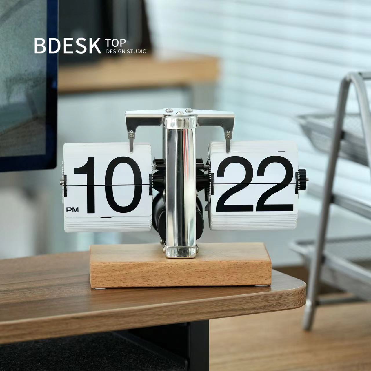 Bdesktop Creative Automatic Page Turning Clock,Mechanical Page Turning Clock With Walnut Base