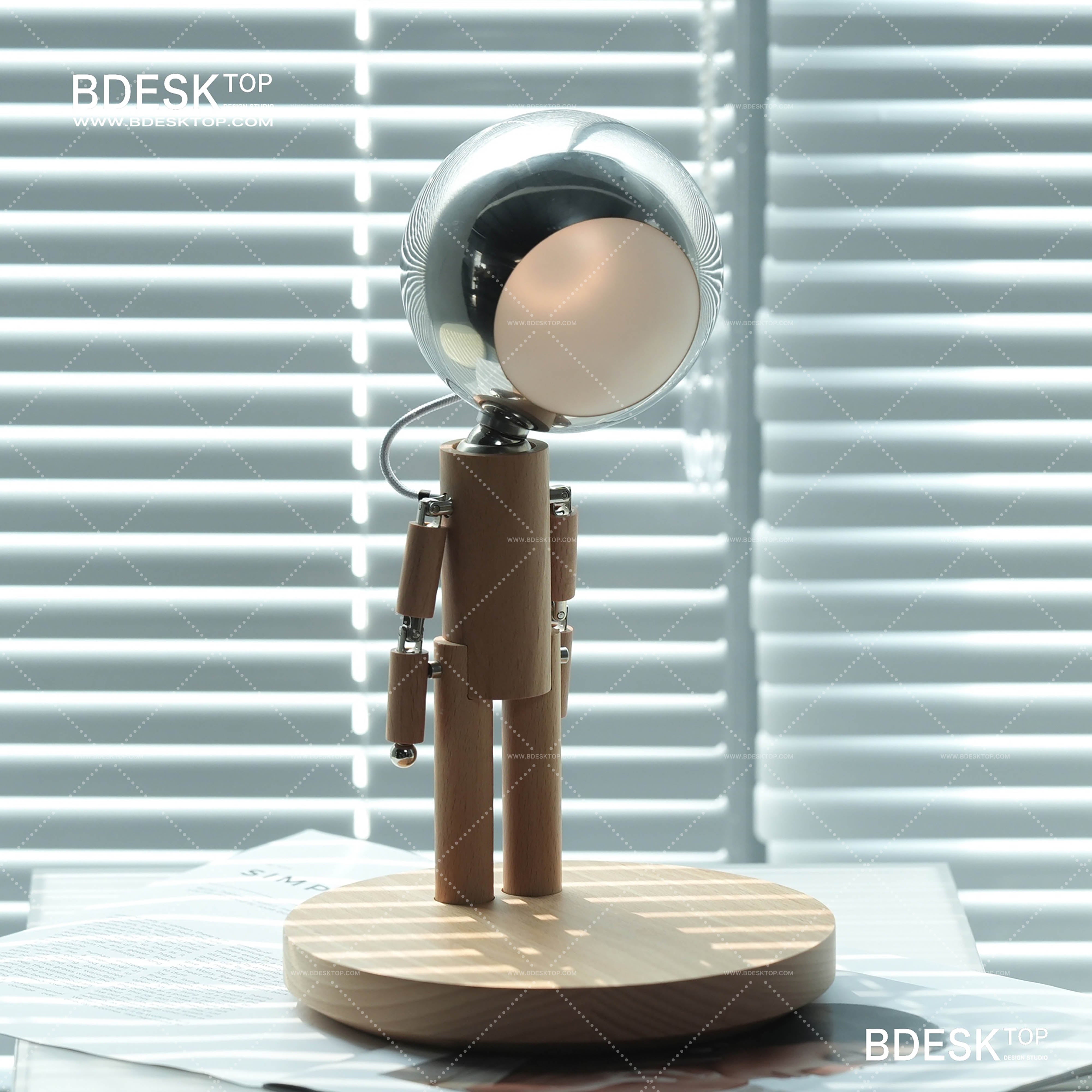 Bdesktop Creative Moon Table Lamp Wooden Bedside Lamp with Touch Control & USB Charging